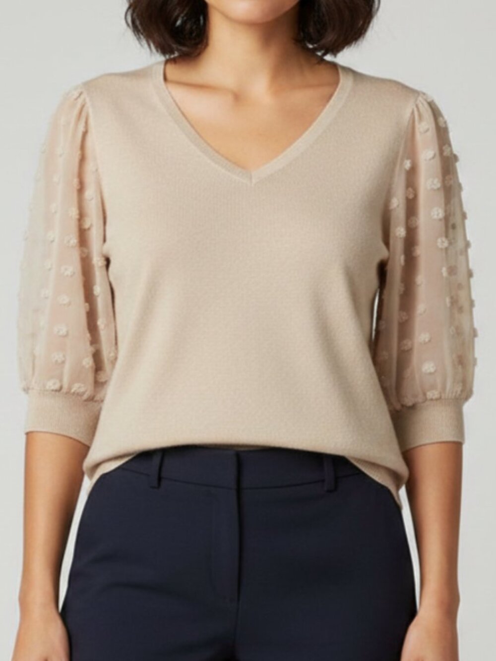Adrianna Papell Beige V-Neck Knit Top Sweater Swiss Dot Sleeve Size XL